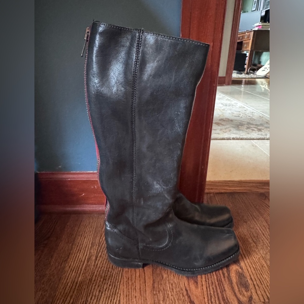 Frye Tall Black Leather Riding Boots with Subtle Red Back Detail